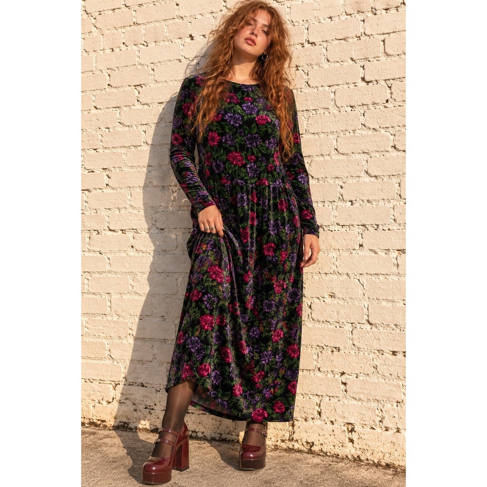 Vintage Hanes Black Floral Velvet Long Sleeve Maxi Dress Cottagecore XL